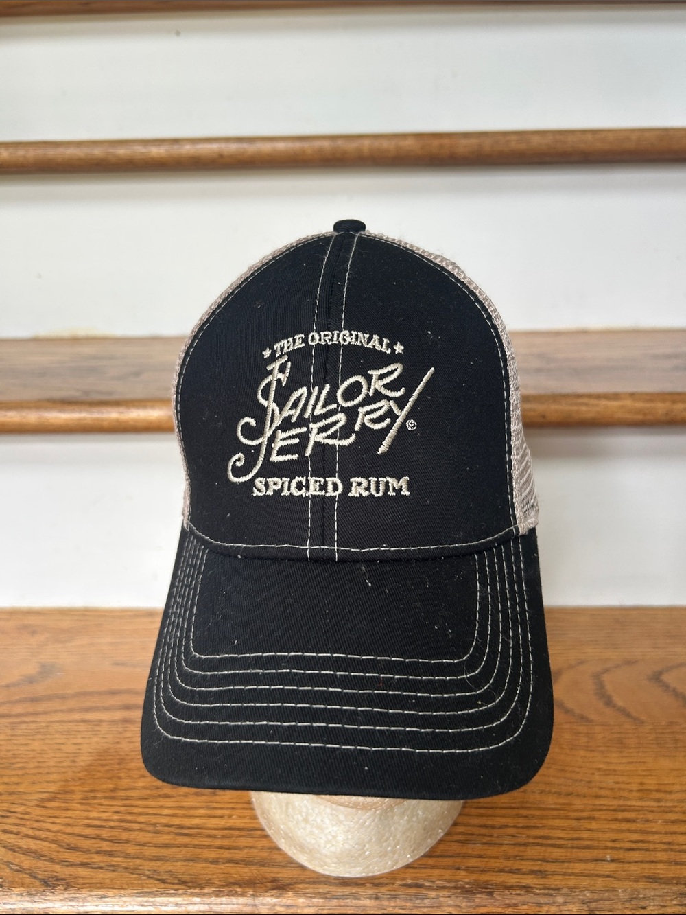 Sailor Jerry Spiced Rum Black and Tan Mesh Trucker Hat Worn 1-2X